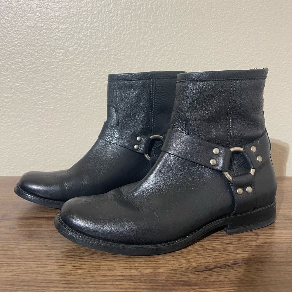 Frye Black Leather Harness Boots